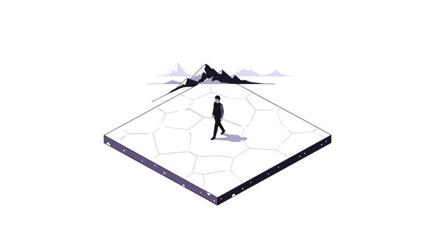 Isometric landscape with mountains and man walking on geometric platform