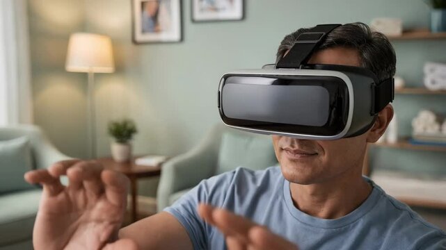 Single user in a medium shot VR headset sharply detailed against a softly blurred calming room designed for memory support and therapy sessions.