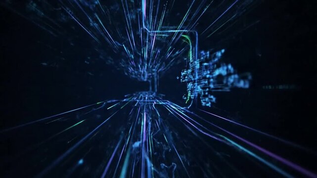 Abstract Data Flow Dynamic visualization of glowing data packets and binary code moving through dark, interconnected pathways.