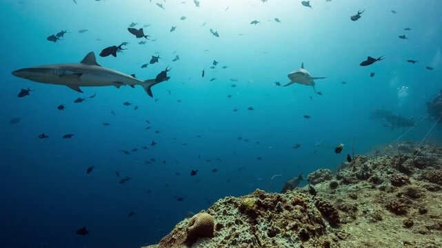 Underwater shot of sharks swimming along sunlit reef towards camera with SCUBA Divers in background