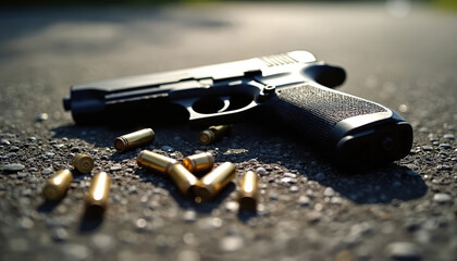 Naklejka premium Handgun, shell casings lay scattered on asphalt pavement. This scene suggests violent incident. Evidence is left behind on road surface. Crime investigation requires careful examination of this area.
