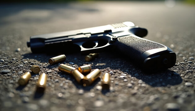 Handgun, shell casings lay scattered on asphalt pavement. This scene suggests violent incident. Evidence is left behind on road surface. Crime investigation requires careful examination of this area.