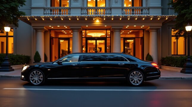 Black limousine arrives at upscale hotel at evening, exuding luxury 