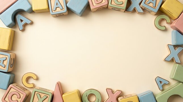 Colorful wooden alphabet blocks and letters arranged in circular frame on cream background creating educational learning space for children development.