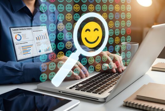 Business professional using laptop with digital smiley face emoji feedback system for customer satisfaction survey and online review management.