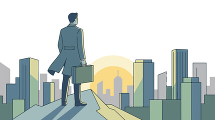 Businessman with briefcase stands on mountain peak overlooking city skyline © StockStudio