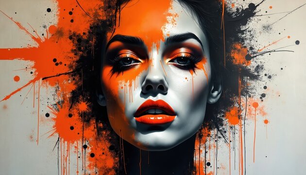 Close up of woman face with orange black paint splatters and bold makeup. Creative abstract graffiti art style, modern urban graphic design.