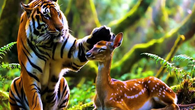 Cinematic 4K Slow Motion: Tiger Gently Patting Deer Head in Lush Forest, Unlikely Animal Bond and Peaceful Coexistence, Serene Predator and Prey Interaction in Sunlight