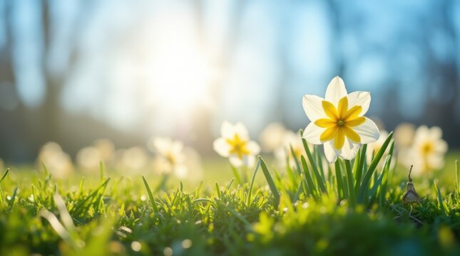 Spring flowers and grass growing from the melting sun, blue sky and sunshine in the background. Concept of spring coming and winter leaving. 