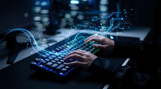 Hands typing on illuminated keyboard with digital data streams and glowing network connections in dark tech environment for cybersecurity concepts.
