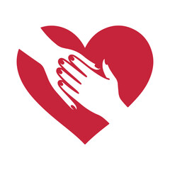 Obraz premium Abstract red heart symbol formed by two hands interlocking fingers symbolizing care support protection partnership charity and social assistance on transparent background