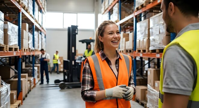 Smiling female warehouse worker in safety vest talking with male colleague in modern distribution center with shelving and forklift.