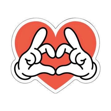 Cartoon gloves forming playful heart shape gesture over large red background symbol representing friendship kindness and cute romantic expression