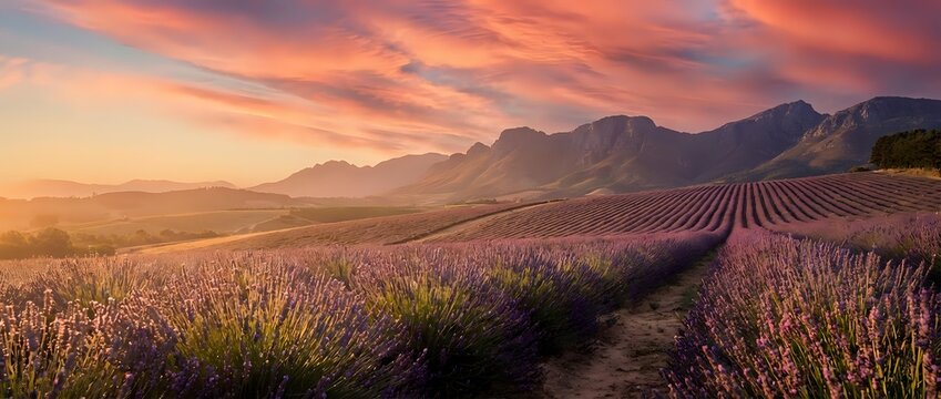 Lavender field rows stretching toward mountain range during golden hour sunset with dramatic orange and pink sky clouds creating peaceful agricultural landscape.