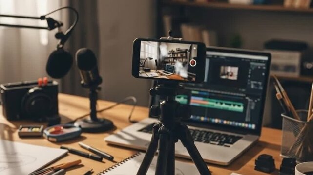 Behind the scenes creator setup with tripod shadow moving and phone screen flicker