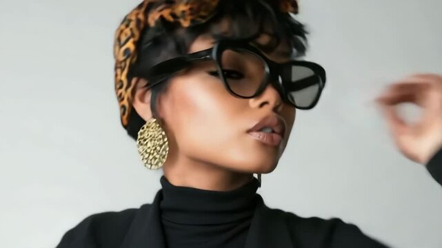 Confident and fashionable woman with a pixie cut and leopard headband posing on a white background
