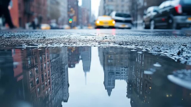 New york city buildings and a yellow cab reflecting in a puddle on a wet street after the rain