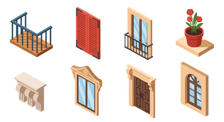 Isometric architectural elements: windows, doors, balconies in modern and classic styles