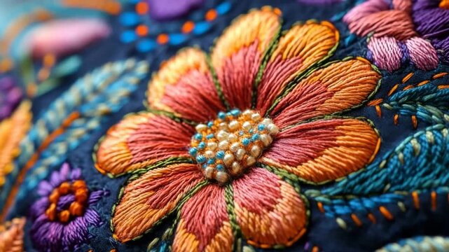 Vibrant floral pattern embroidered with intricate stitches and beads on a dark blue fabric