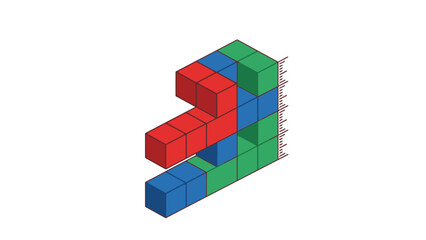 Naklejka premium 3D Isometric Cube Structure Graph with Color Blocks (Red, Blue, Green). Abstract Data Visualization, Analytics, and STEM Education Concept Illustration.