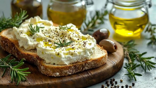 Fresh goat cheese spread on rustic bread with herbs and olive oil, Mediterranean appetizer setup on wooden board with rosemary garnish and olives.