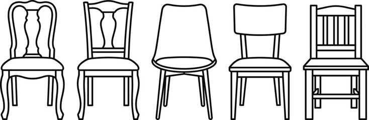 Fototapeta premium Set of five classic and modern chair outline icons isolated on white background, minimal furniture line art collection vector interior design illustration