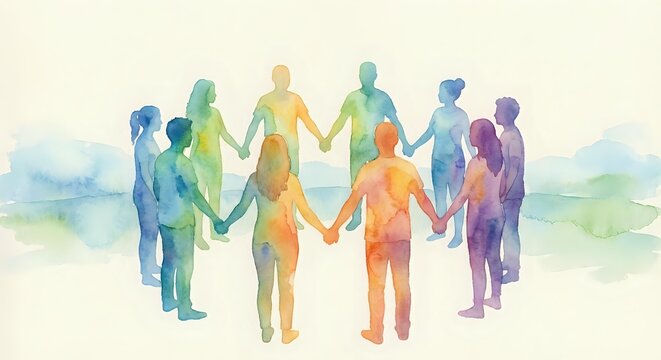 Diverse group of people holding hands in colorful watercolor style forming unity circle representing teamwork, community support and human connection.