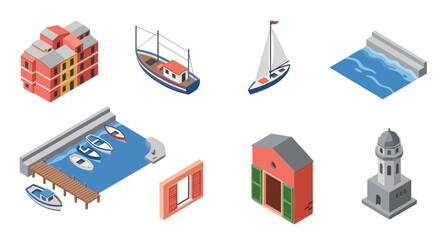 Obraz premium Coastal architecture and marine elements in isometric design