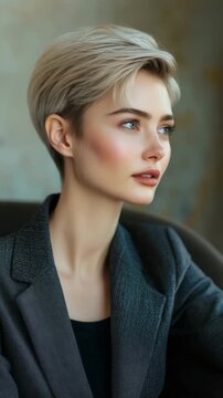 Confident young professional woman with blue eyes and a pixie haircut looking thoughtful