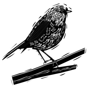 Close up bird on a branch linocut style