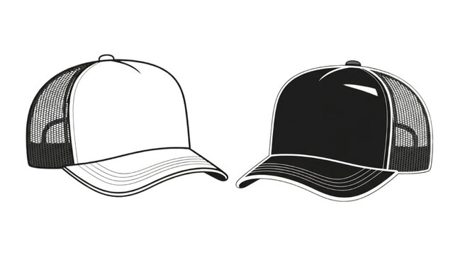 Illustration of black and white baseball caps facing each other on a plain background