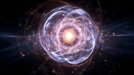 Obraz premium Bright glowing energy atom core with swirling light rings, futuristic particle explosion and abstract science background for physics, technology and space concepts