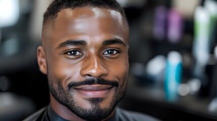 Obraz premium Handsome African American male barber with beard smiling confidently in modern barbershop with professional tools and products in background.