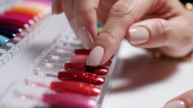 Woman hand selects a red artificial nail from a display, choosing for a manicure with various acrylic sample tips