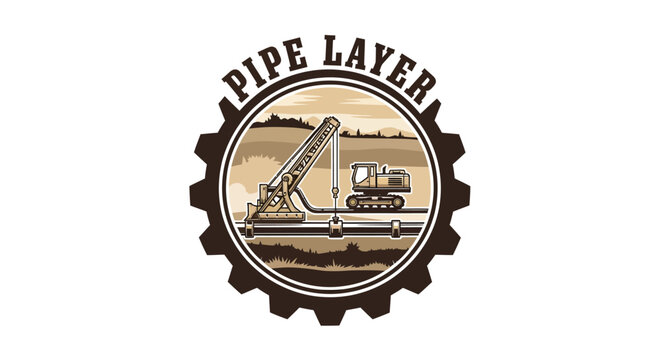 Pipe Layer Logo with Drilling Rig and Excavator in Gear Shape.