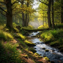 Sunlight streams through the canopy illuminating a mossy stream flowing through a dense woodland area.