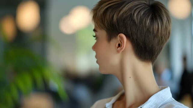 Portrait of an attractive young woman with blue eyes and short hair turning her head in profile