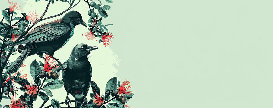tui birds on pohutukawa flowers vector illustration with copy space