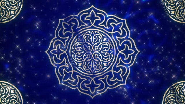 Majestic blue starry background with a central gold arabesque mandala and corner ornaments, perfect for Ramadan Kareem and Eid Mubarak greetings