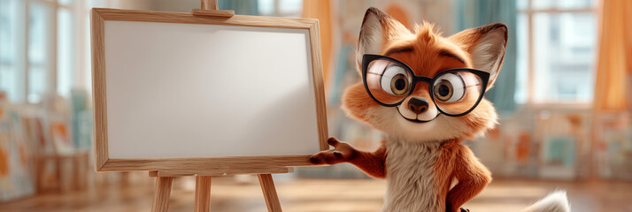 Fototapeta premium A Friendly Clever Fox Teacher Pointing at a Blank Board Inside a Bright Classroom. Playful 3D Illustration Symbolizing Intelligence, Learning and Children’s Education with Copy Space. Generative Ai.
