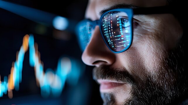 Young bearded man analyzing financial data charts on computer screen with code reflection in glasses for trading and investment analysis.