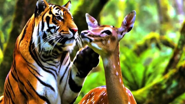 Majestic Bengal Tiger Softly Patting Spotted Deer Head in Forest, Cinematic 4K Slow Motion Unlikely Friendship and Peaceful Coexistence, Serene Predator and Prey Harmony