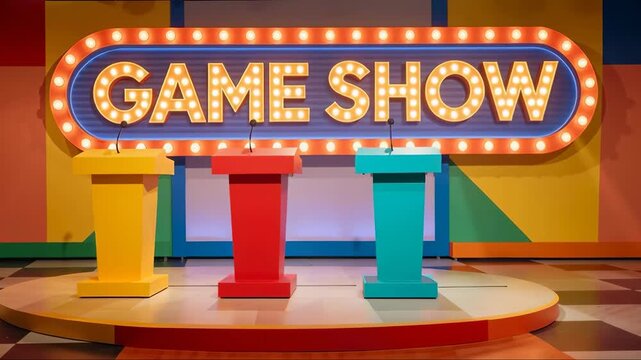 Colorful game show stage with three podiums and marquee sign video entertainment television studio production set design concept