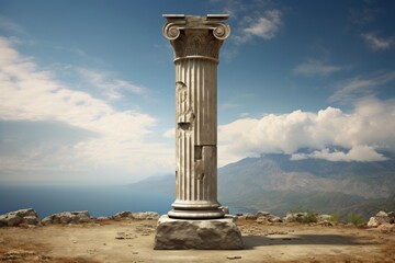 Naklejka premium Decayed doric column ruin overlooking the sea and mountains under a blue sky