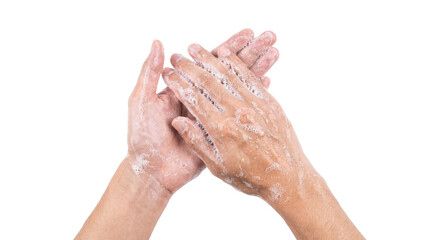 Washing hands with soap and bubbles on transparent background