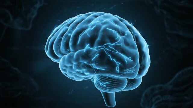 A 3D rendered blue human brain model rotating slowly in a dark environment video from a front viewpoint