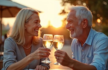 Naklejka premium Elderly couple enjoys white wine toast outdoors at sunset. Smiling mature man, woman share romantic moment with glasses raised. Peaceful golden hour makes evening special. Companionship, love fill