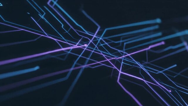 A futuristic digital landscape illustrating the intersection of technology and artificial intelligence with neon lines and abstract shapes in a dark environment.