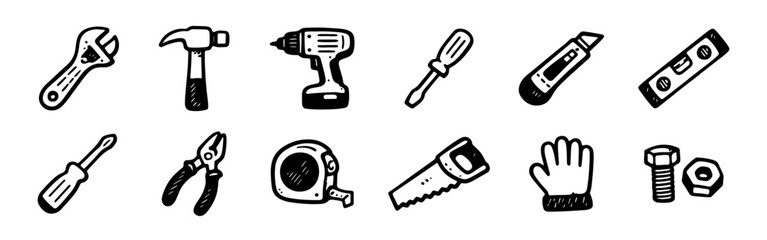 Engaging set of hand-drawn construction and DIY tool icons in a playful doodle style, featuring essential equipment for repair and home improvement.