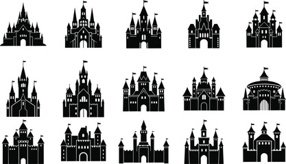 Obraz premium Medieval castle silhouette collection, fantasy fairytale fortress icons, gothic royal palaces isolated black vector set illustration design elements